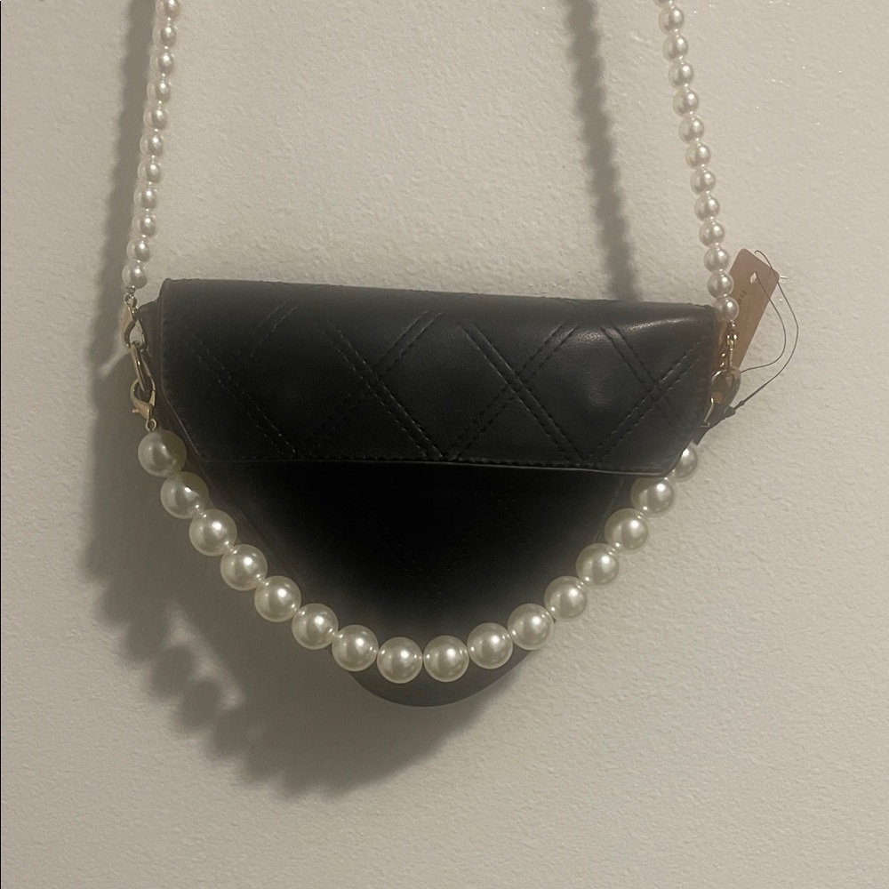 Elegant Black Quilted Bag with Pearl Strap